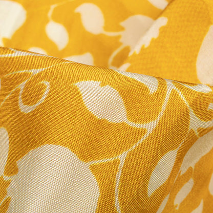 Ochre Yellow And Off White Leaf Pattern Digital Print Viscose Uppada Silk Fabric