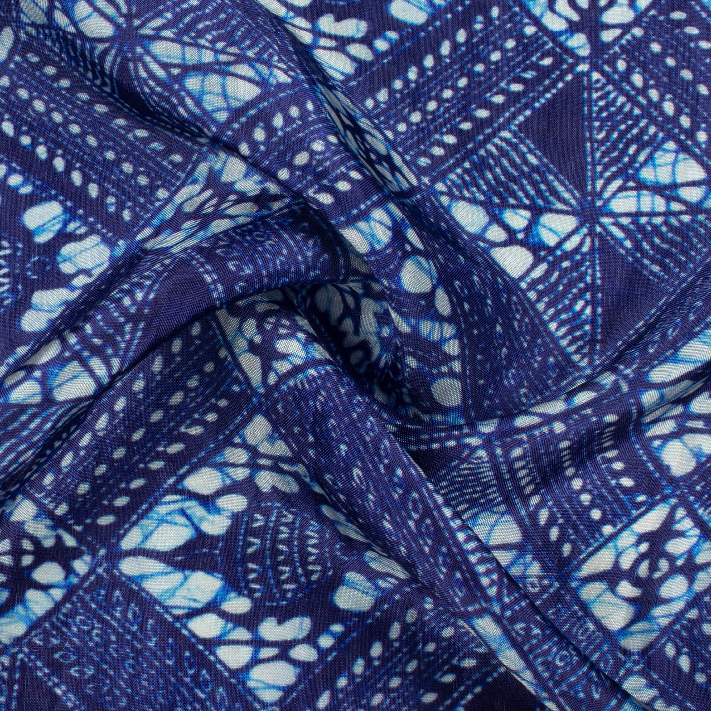 Space Blue And White Traditional Pattern Digital Print Viscose Uppada Silk Fabric