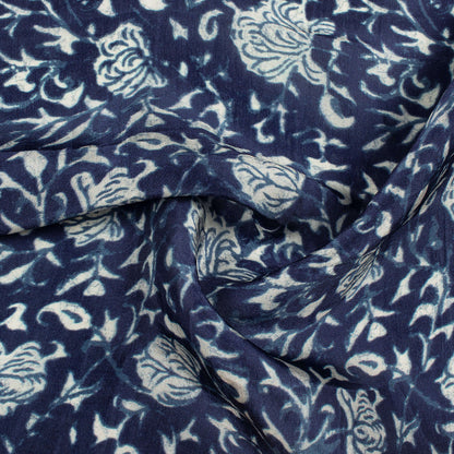Navy Blue And Bright White Floral Pattern Digital Print Viscose Uppada Silk Fabric