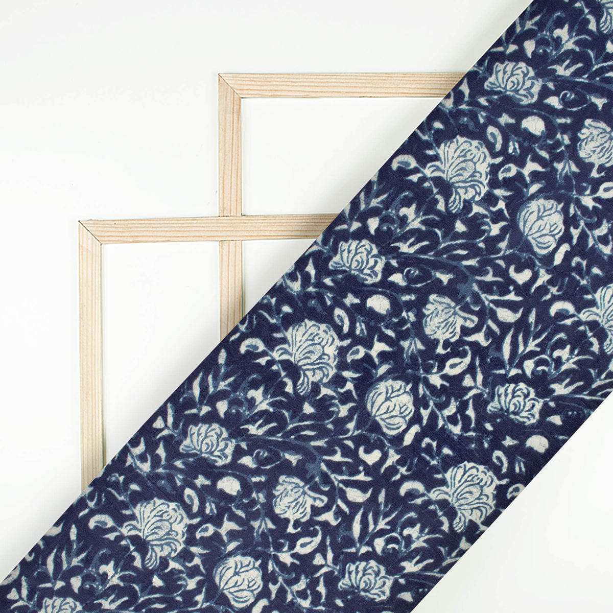 Navy Blue And Bright White Floral Pattern Digital Print Viscose Uppada Silk Fabric