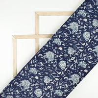 Navy Blue And Bright White Floral Pattern Digital Print Viscose Uppada Silk Fabric