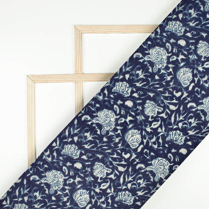 Navy Blue And Bright White Floral Pattern Digital Print Viscose Uppada Silk Fabric