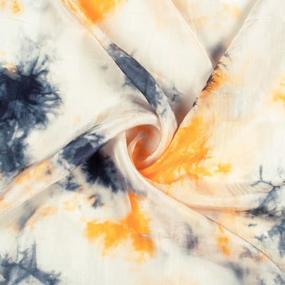Ochre Orange And Off White Tye And Dye  Pattern Digital Print Viscose Uppada Silk Fabric