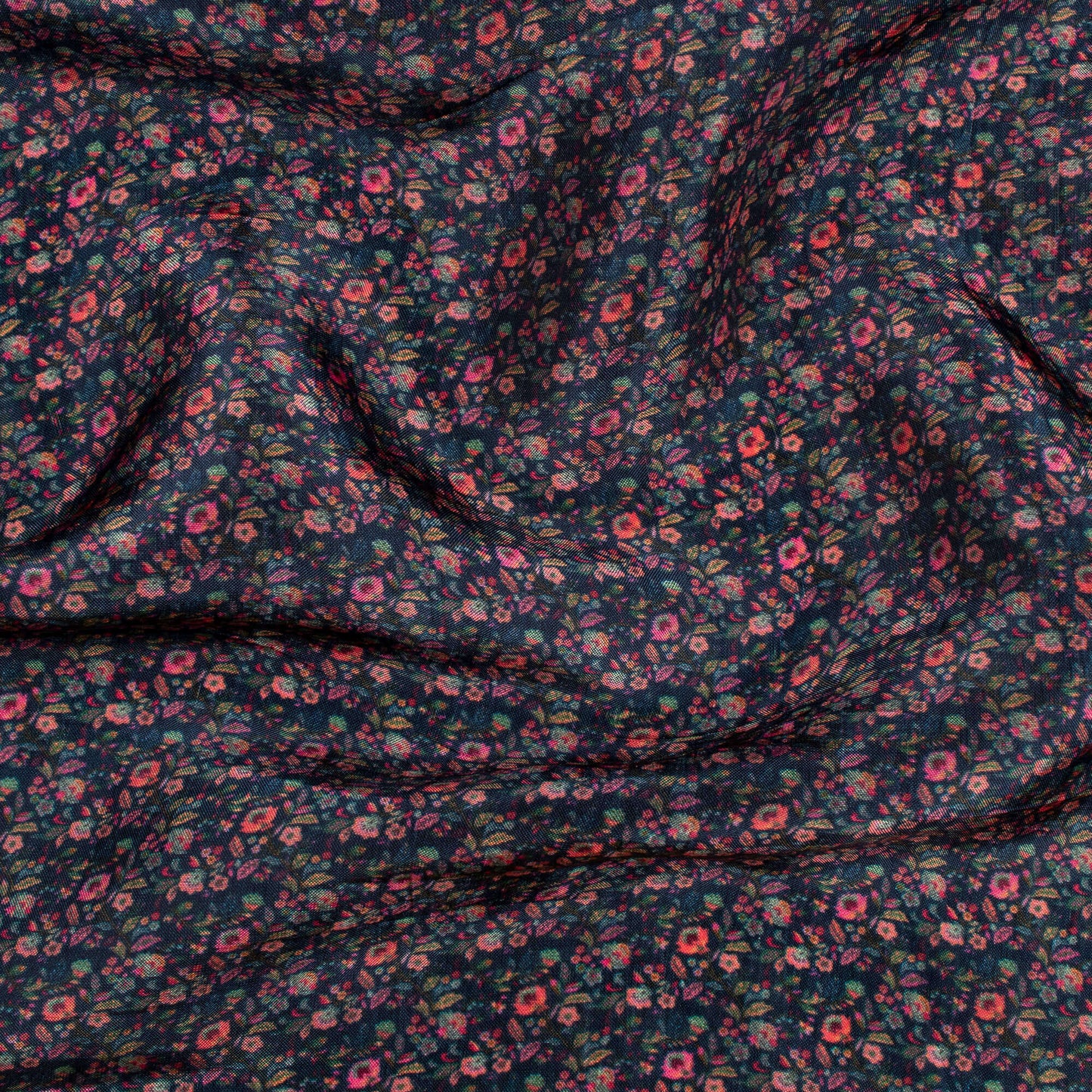 Dark Prussian Blue And Peach Floral  Pattern Digital Print Viscose Uppada Silk Fabric