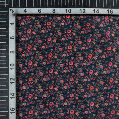 Dark Prussian Blue And Peach Floral  Pattern Digital Print Viscose Uppada Silk Fabric