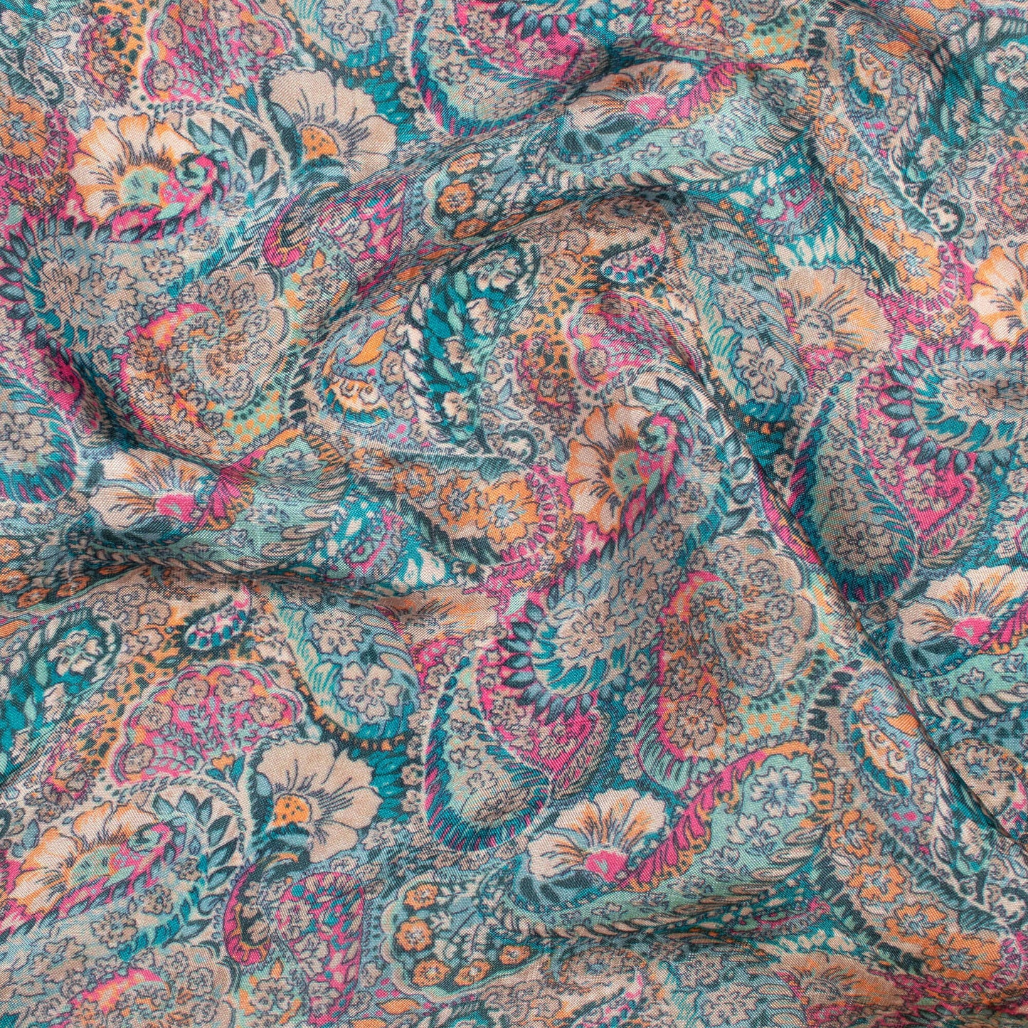 Pine Green And Pink Paisley Pattern Digital Print Viscose Uppada Silk Fabric