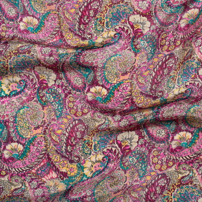 Taffy Pink And Pine Green Paisley Pattern Digital Print Viscose Uppada Silk Fabric
