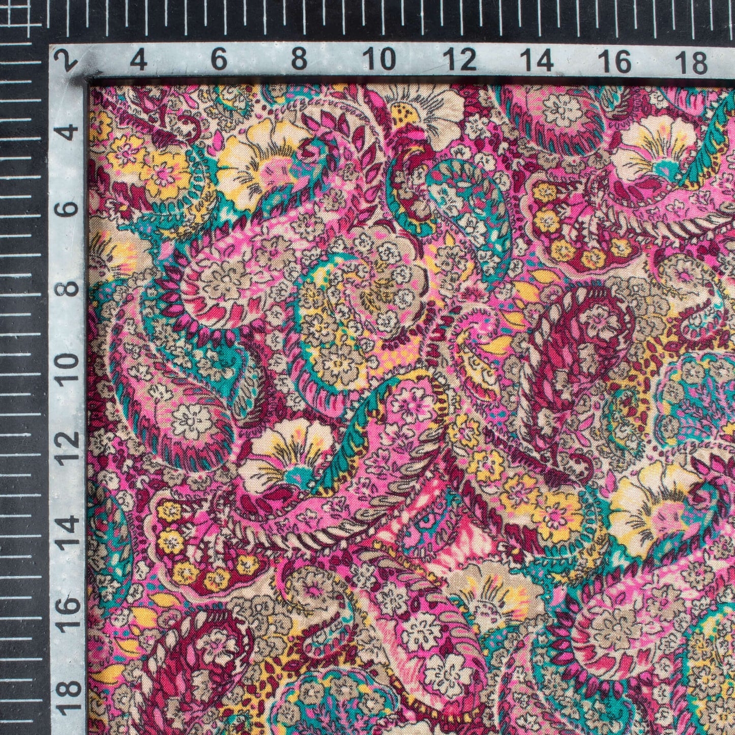 Taffy Pink And Pine Green Paisley Pattern Digital Print Viscose Uppada Silk Fabric