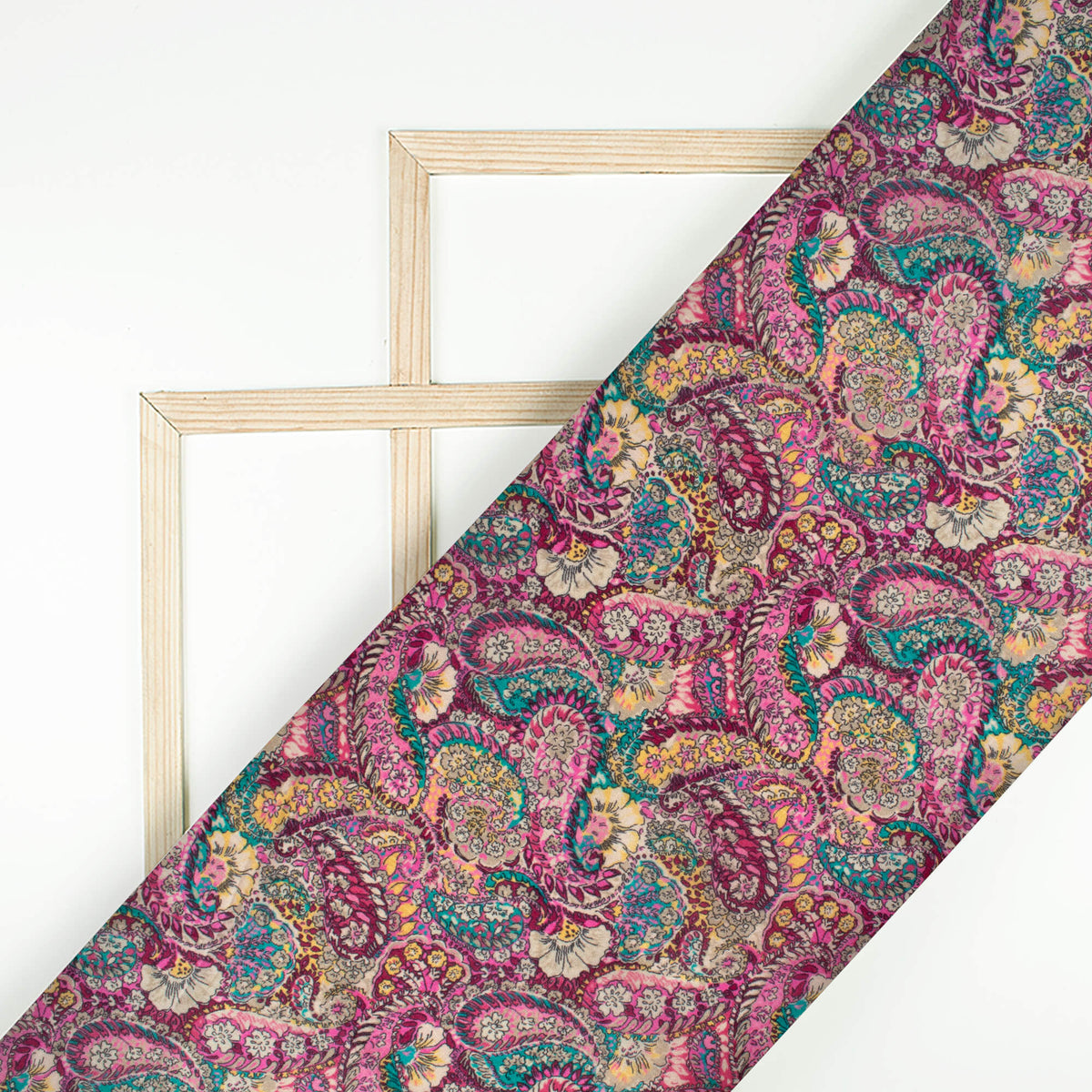 Taffy Pink And Pine Green Paisley Pattern Digital Print Viscose Uppada Silk Fabric