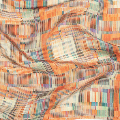Blaze Orange And Tea Green Geometric Pattern Digital Print Viscose Uppada Silk Fabric