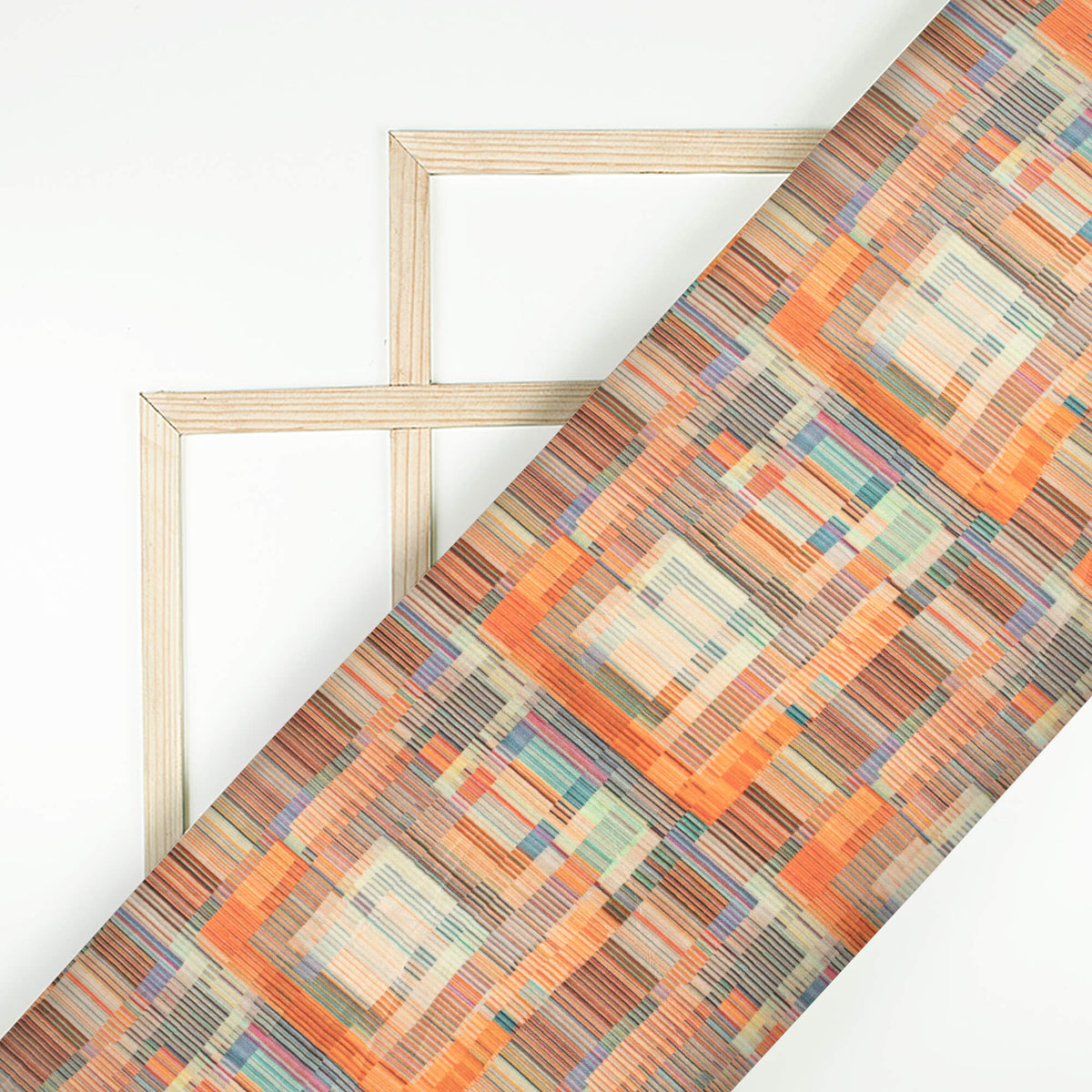 Blaze Orange And Tea Green Geometric Pattern Digital Print Viscose Uppada Silk Fabric