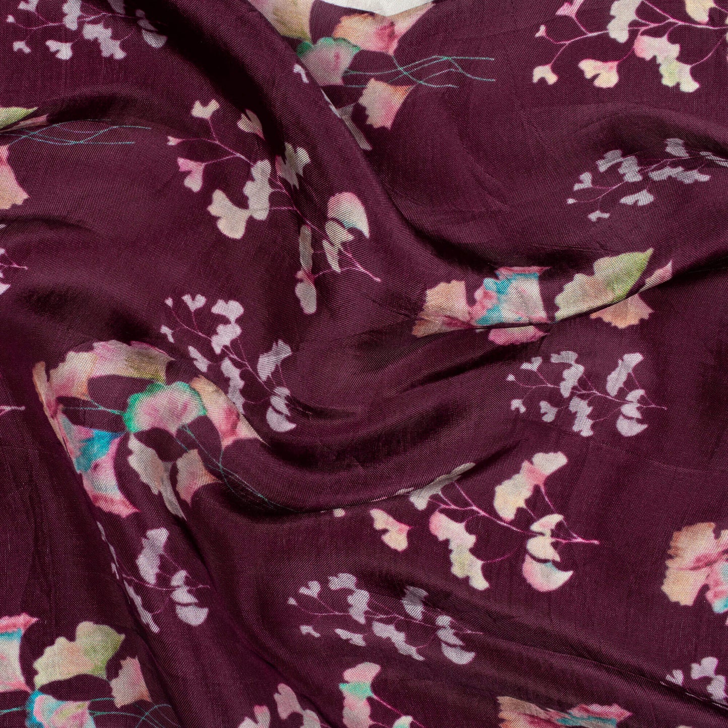 Raisin Purple And Pink Leaf Pattern Digital Print Viscose Uppada Silk Fabric