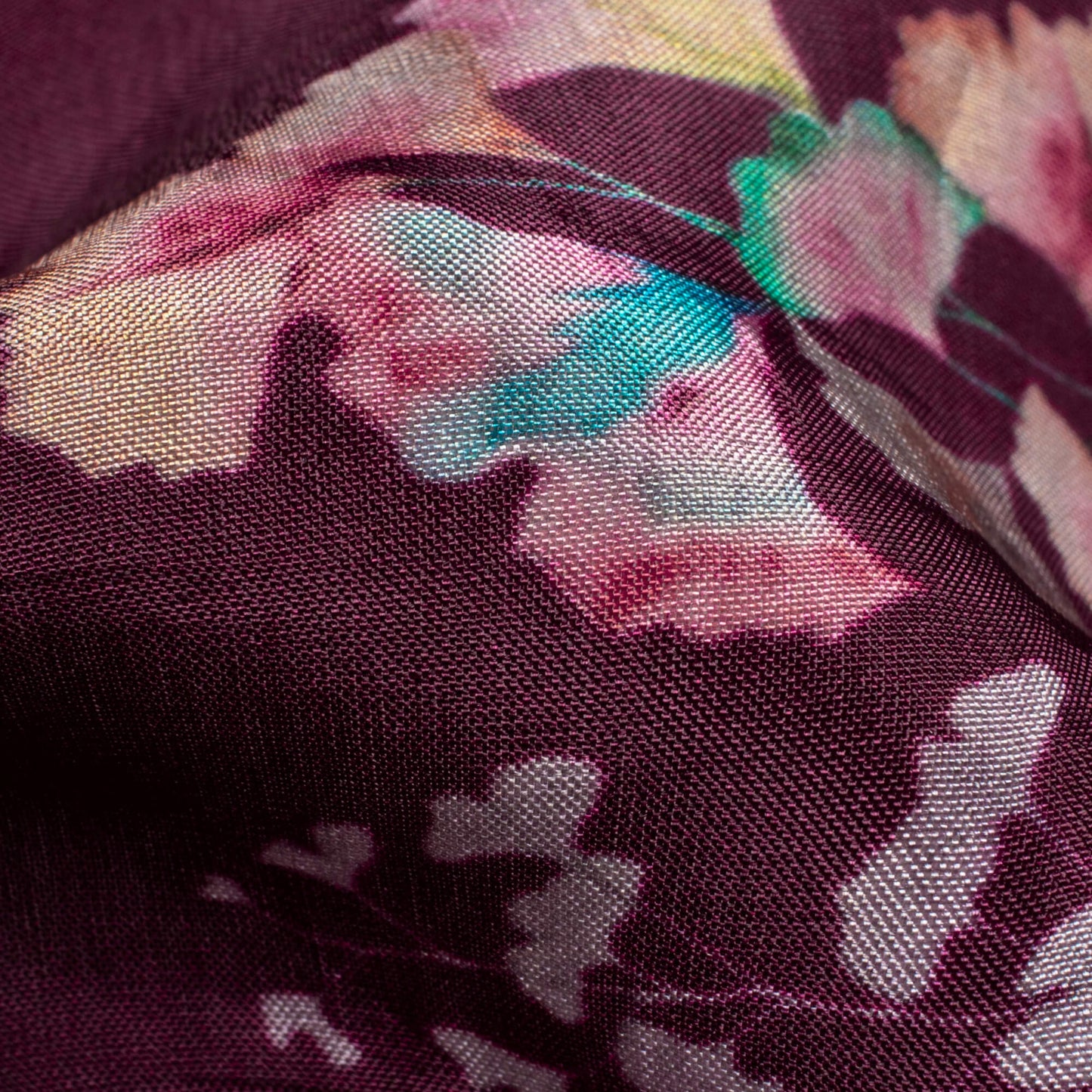 Raisin Purple And Pink Leaf Pattern Digital Print Viscose Uppada Silk Fabric