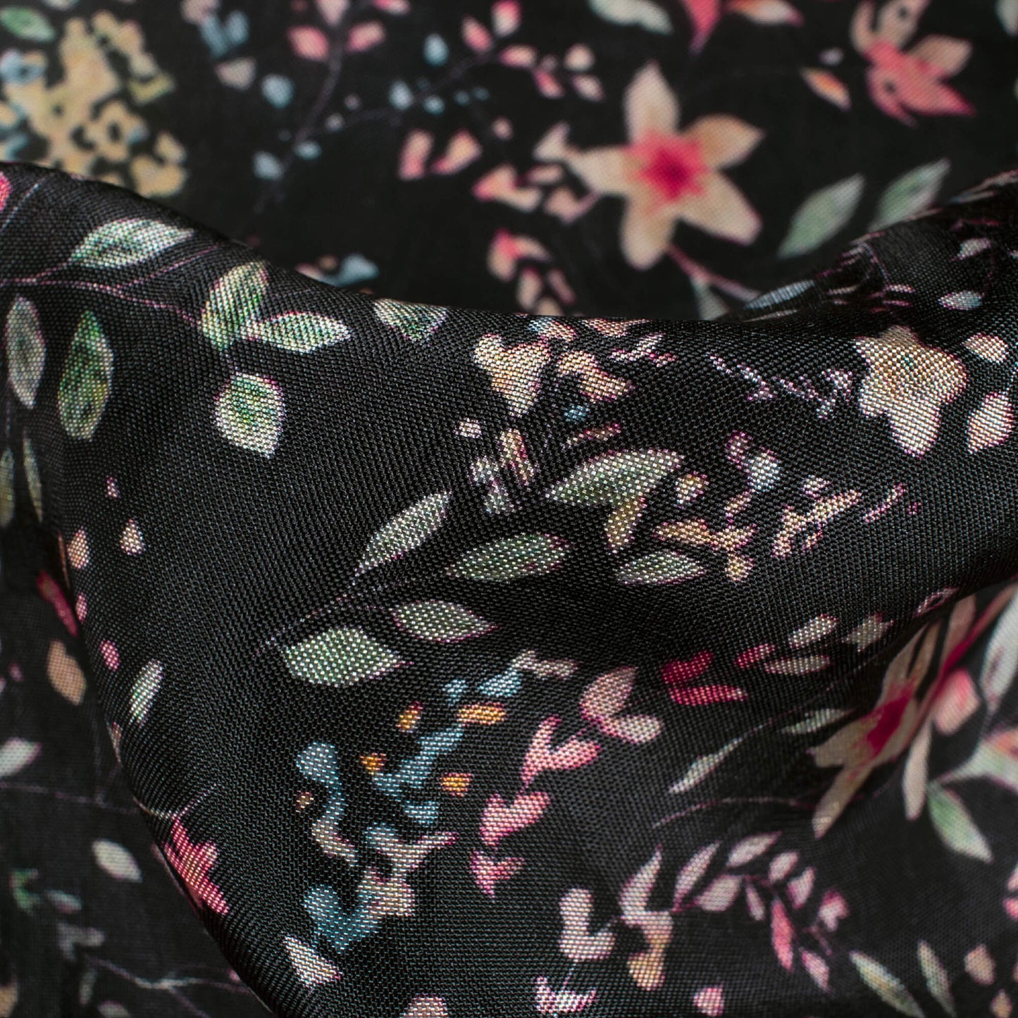 Black And Pink Floral Pattern Digital Print Viscose Uppada Silk Fabric