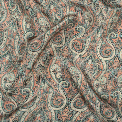Sage Green And Orange Ethnic Pattern Digital Print Viscose Uppada Silk Fabric