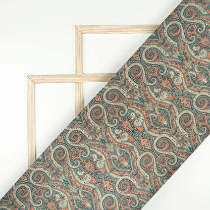 Sage Green And Orange Ethnic Pattern Digital Print Viscose Uppada Silk Fabric