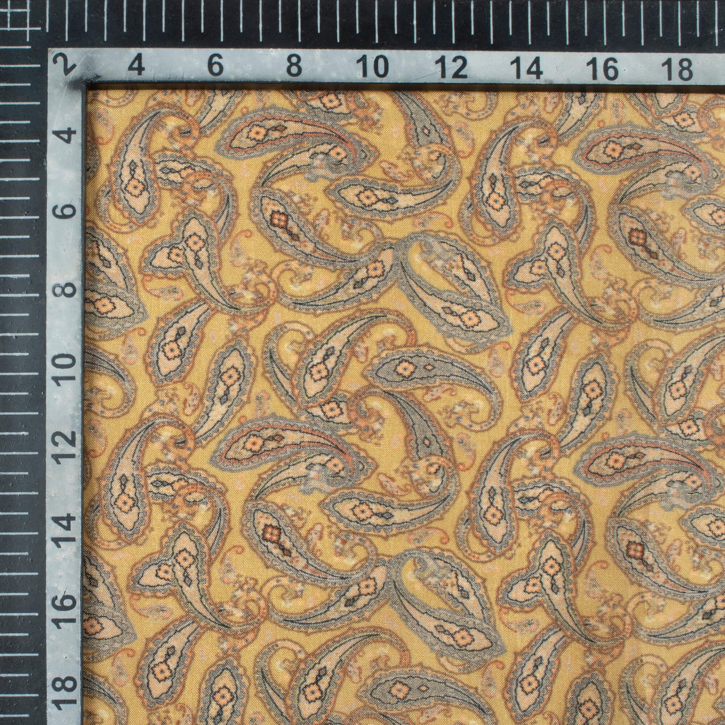 Ochre Yellow And Seal Grey Paisley Pattern Digital Print Viscose Uppada Silk Fabric