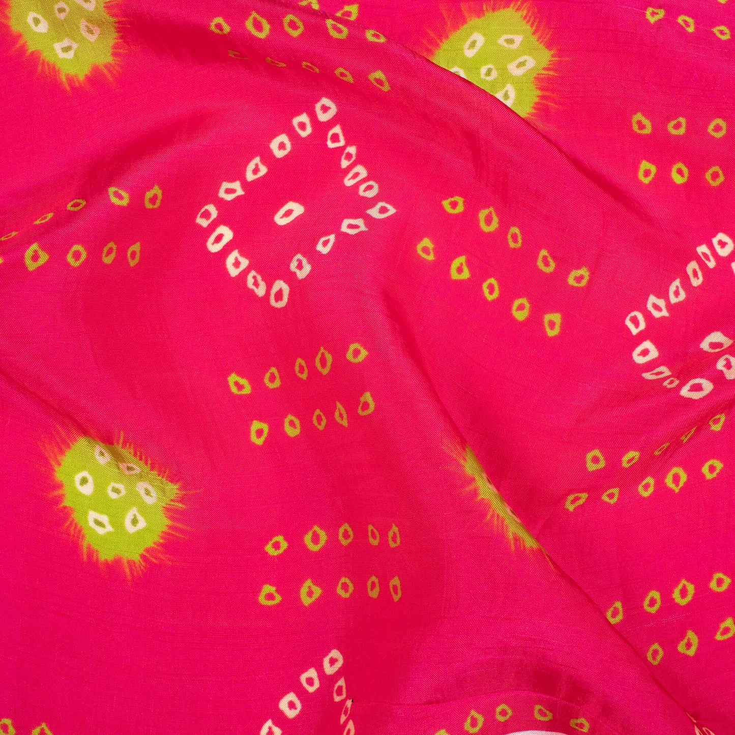 Magenta Pink And Lime Green Bandhani Pattern Digital Print Viscose Uppada Silk Fabric