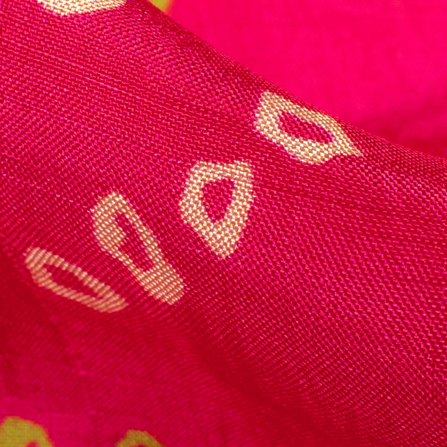 Magenta Pink And Lime Green Bandhani Pattern Digital Print Viscose Uppada Silk Fabric