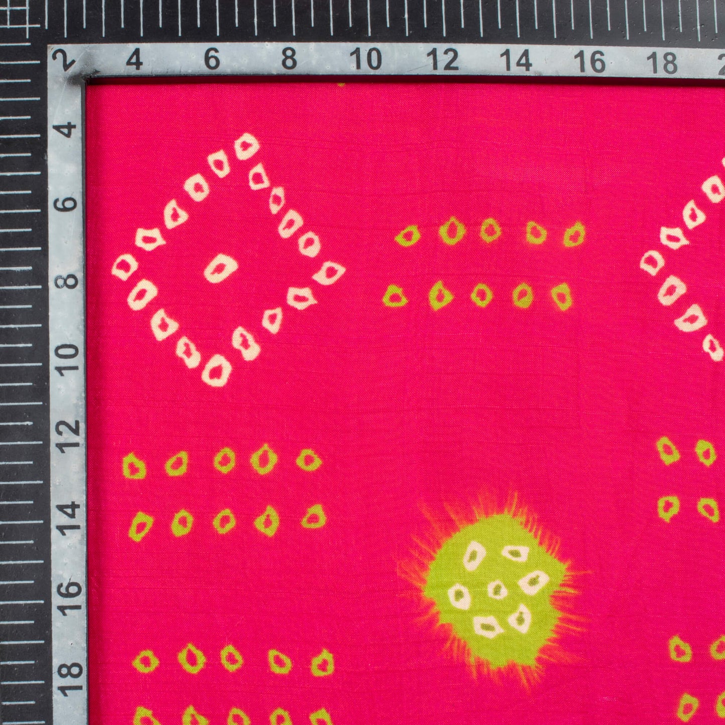 Magenta Pink And Lime Green Bandhani Pattern Digital Print Viscose Uppada Silk Fabric