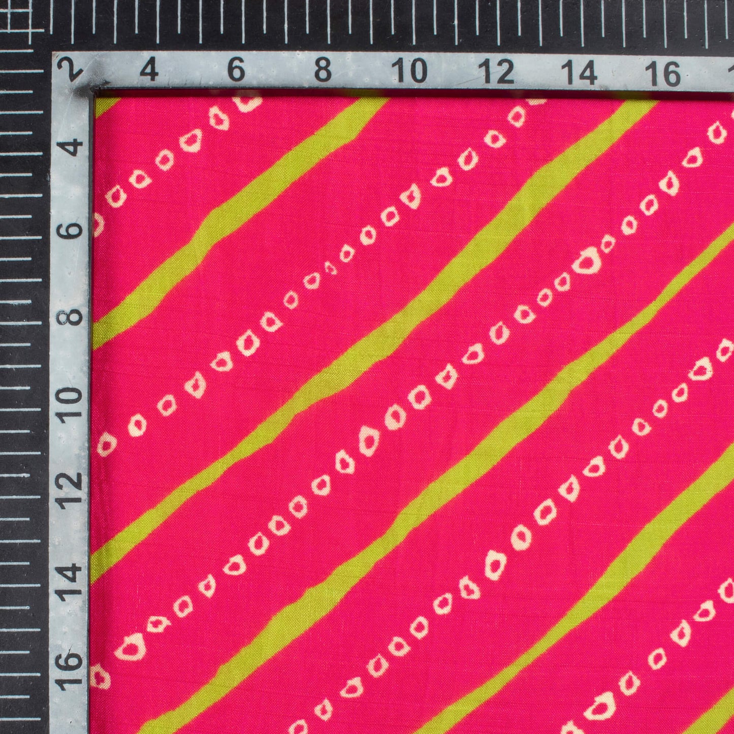 Magenta Pink And Lime Green Bandhani Pattern Digital Print Viscose Uppada Silk Fabric