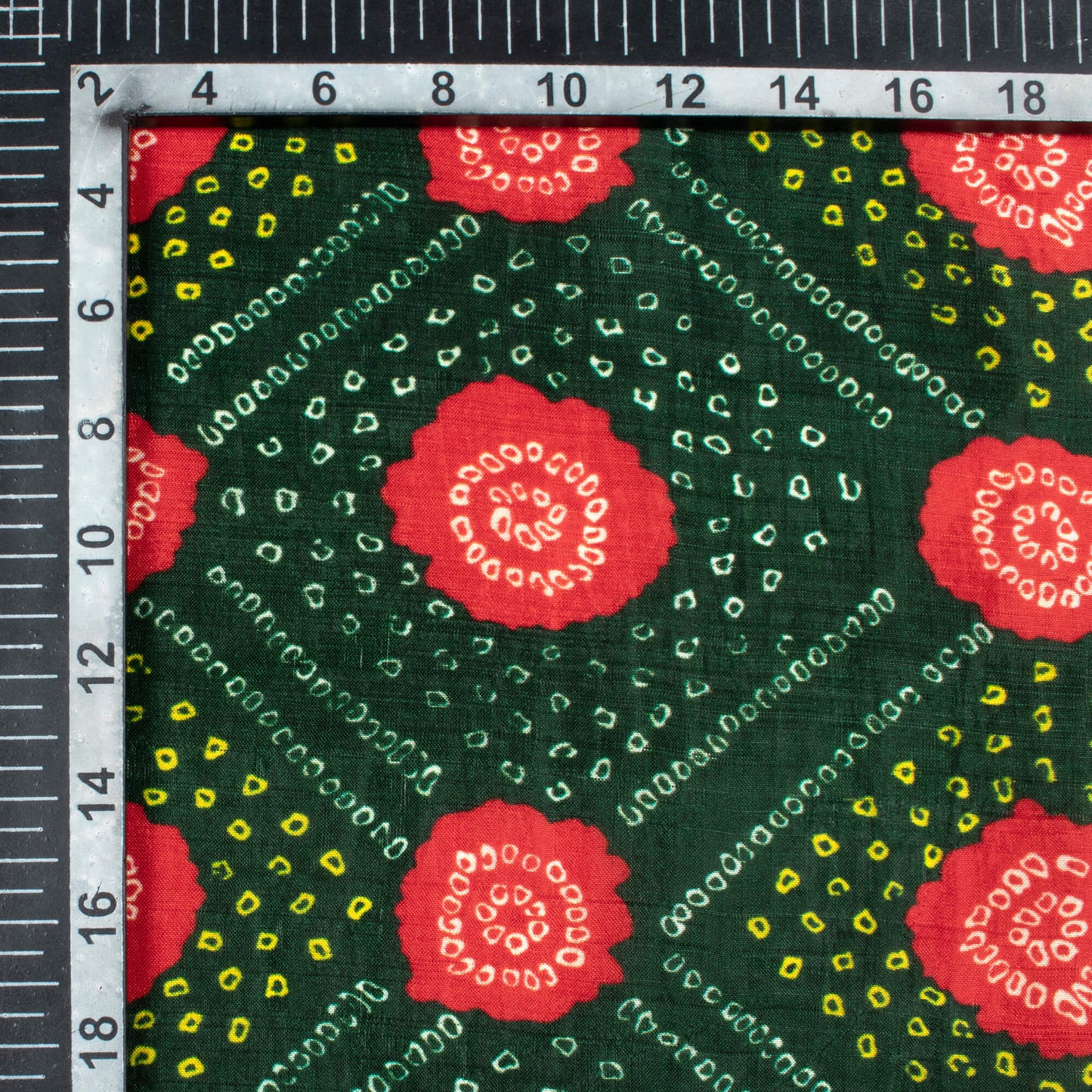 Forest Green And Barn Red Bandhani Pattern Digital Print Viscose Uppada Silk Fabric
