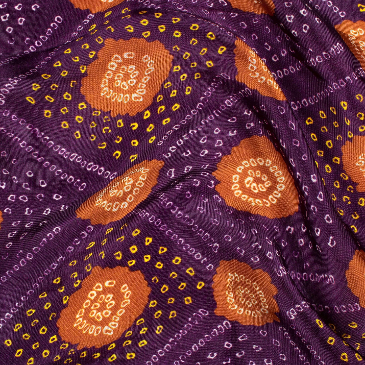 Dark Purple And Chocolate Brown Bandhani Pattern Digital Print Viscose Uppada Silk Fabric