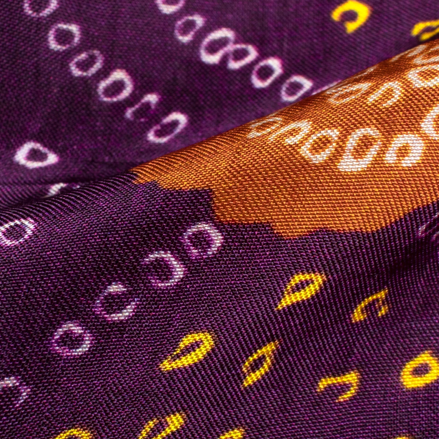 Dark Purple And Chocolate Brown Bandhani Pattern Digital Print Viscose Uppada Silk Fabric