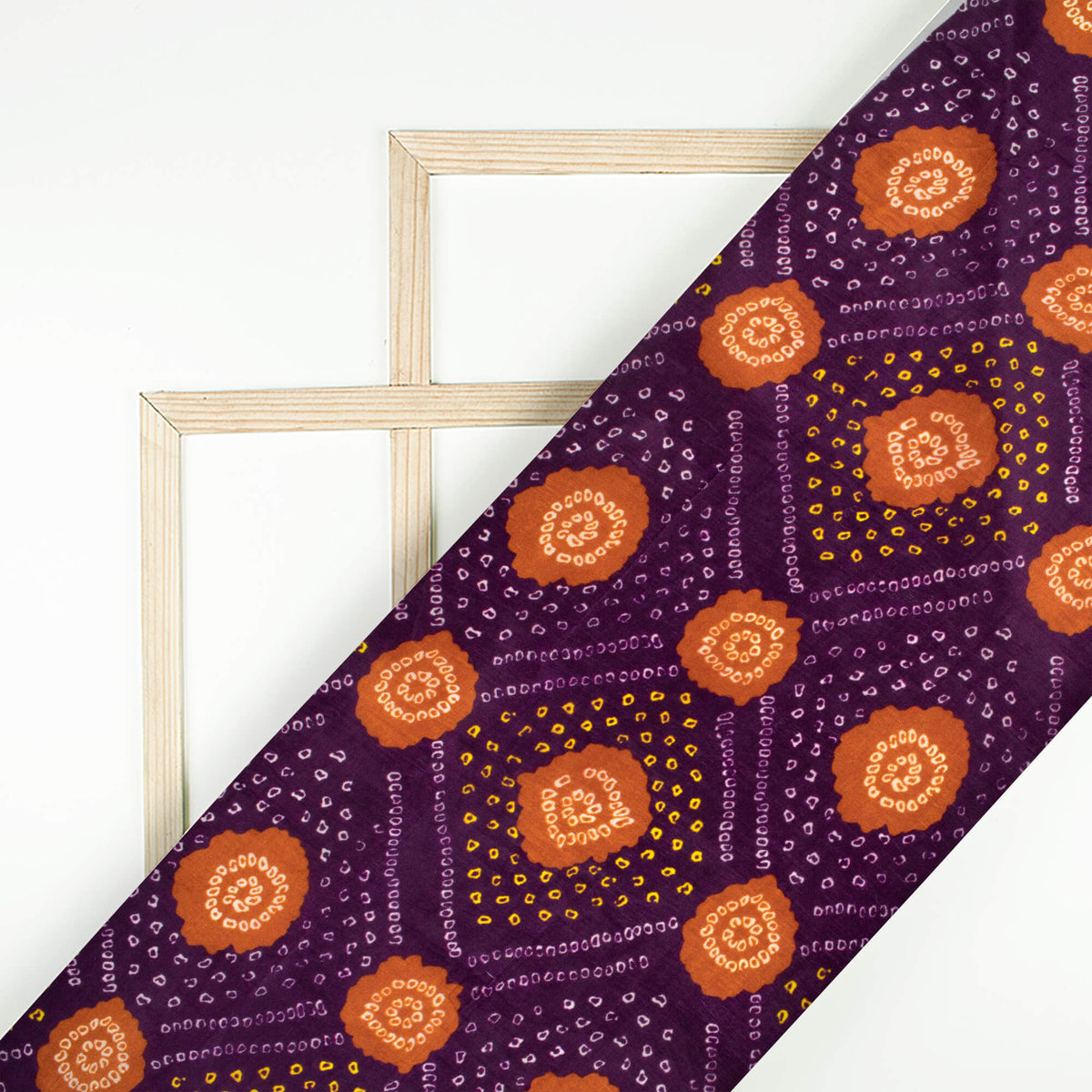 Dark Purple And Chocolate Brown Bandhani Pattern Digital Print Viscose Uppada Silk Fabric