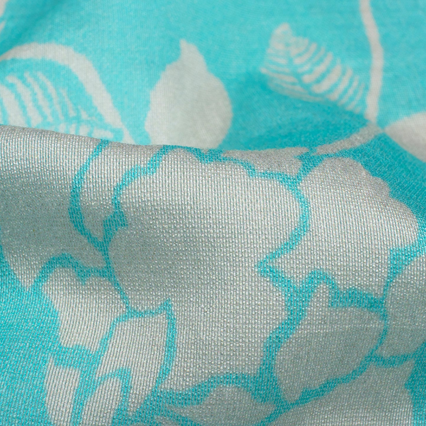 Sky Blue And Off White Floral Pattern Digital Print Viscose Chanderi Fabric