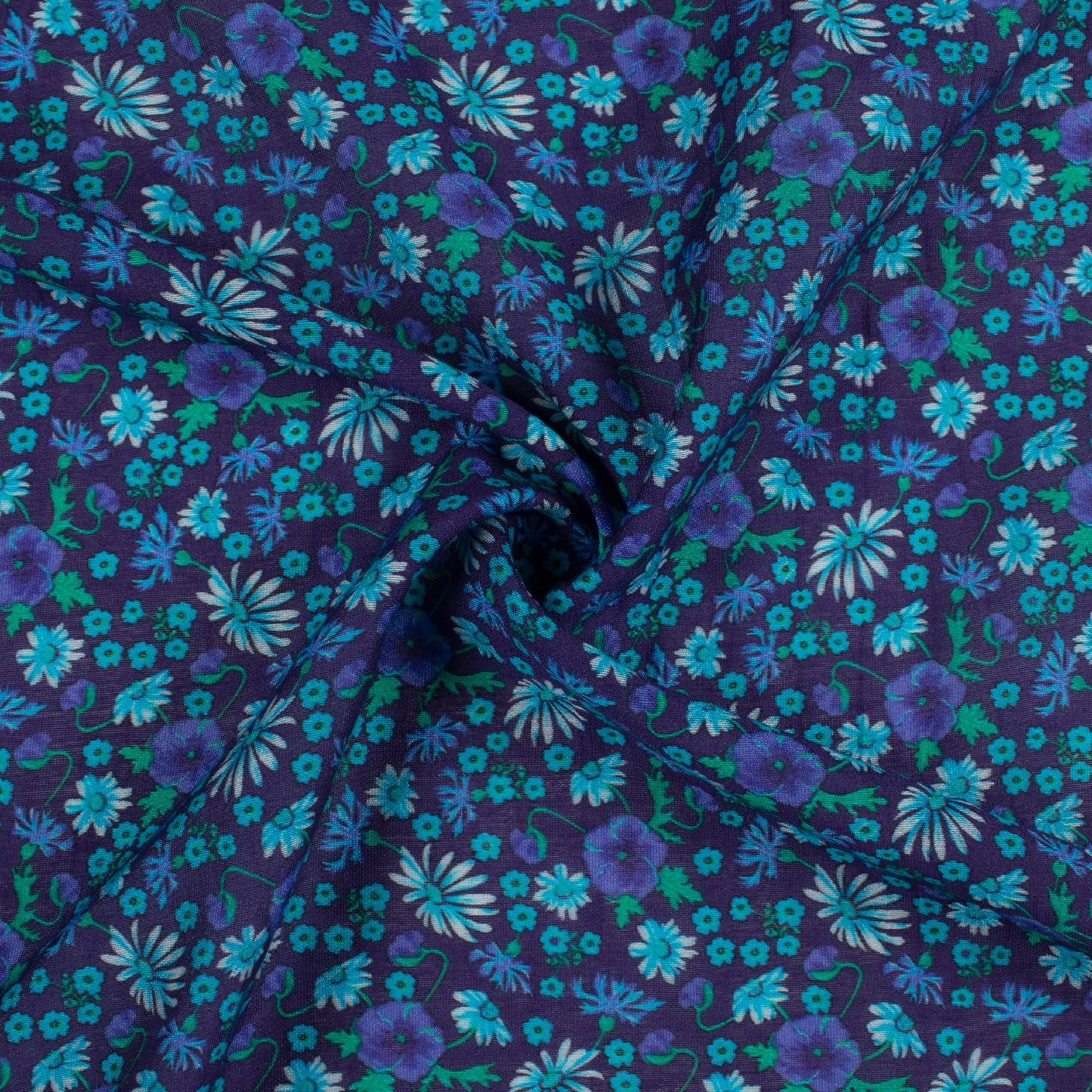 Navy Blue And Green Floral Pattern Digital Print Viscose Chanderi Fabric