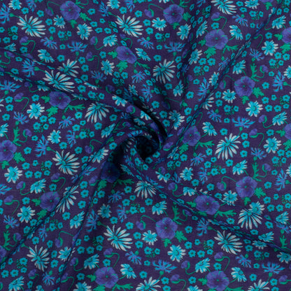 Navy Blue And Green Floral Pattern Digital Print Viscose Chanderi Fabric