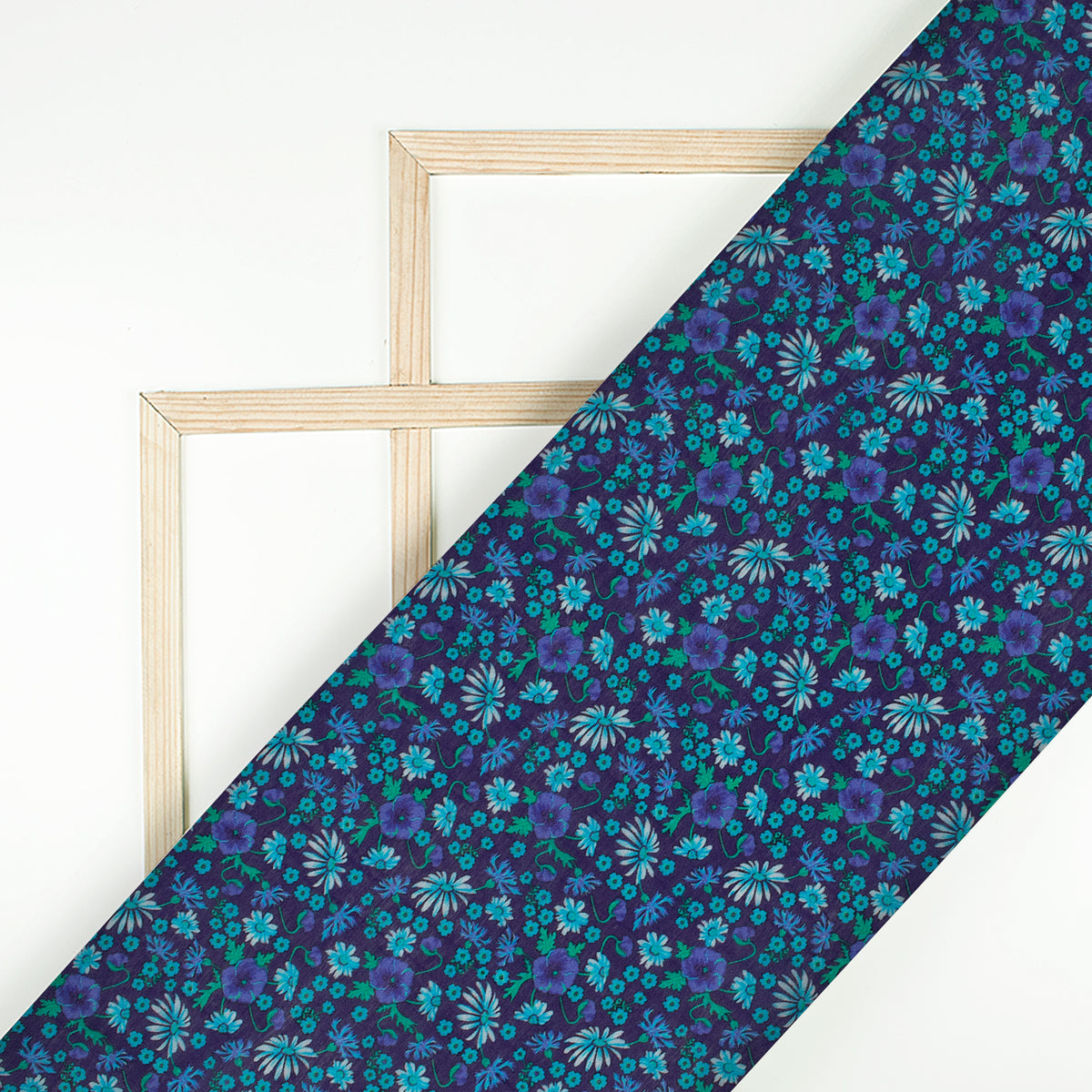 Navy Blue And Green Floral Pattern Digital Print Viscose Chanderi Fabric