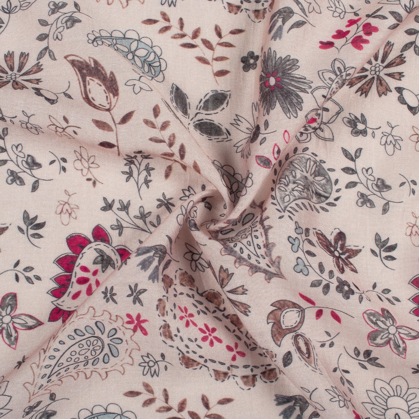 Ivory Beige And Sage Grey Leaf Pattern Digital Print Viscose Chanderi Fabric