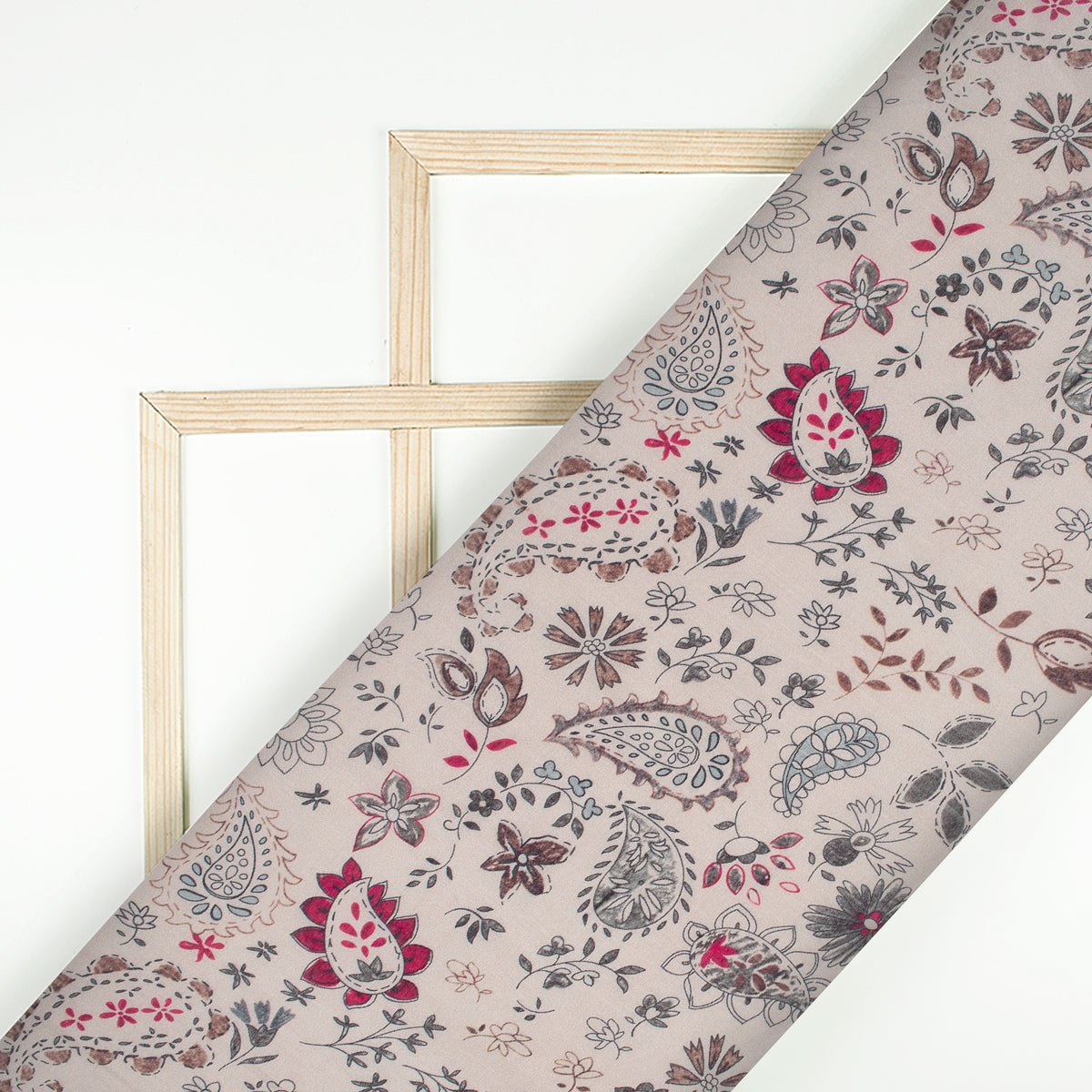 Ivory Beige And Sage Grey Leaf Pattern Digital Print Viscose Chanderi Fabric