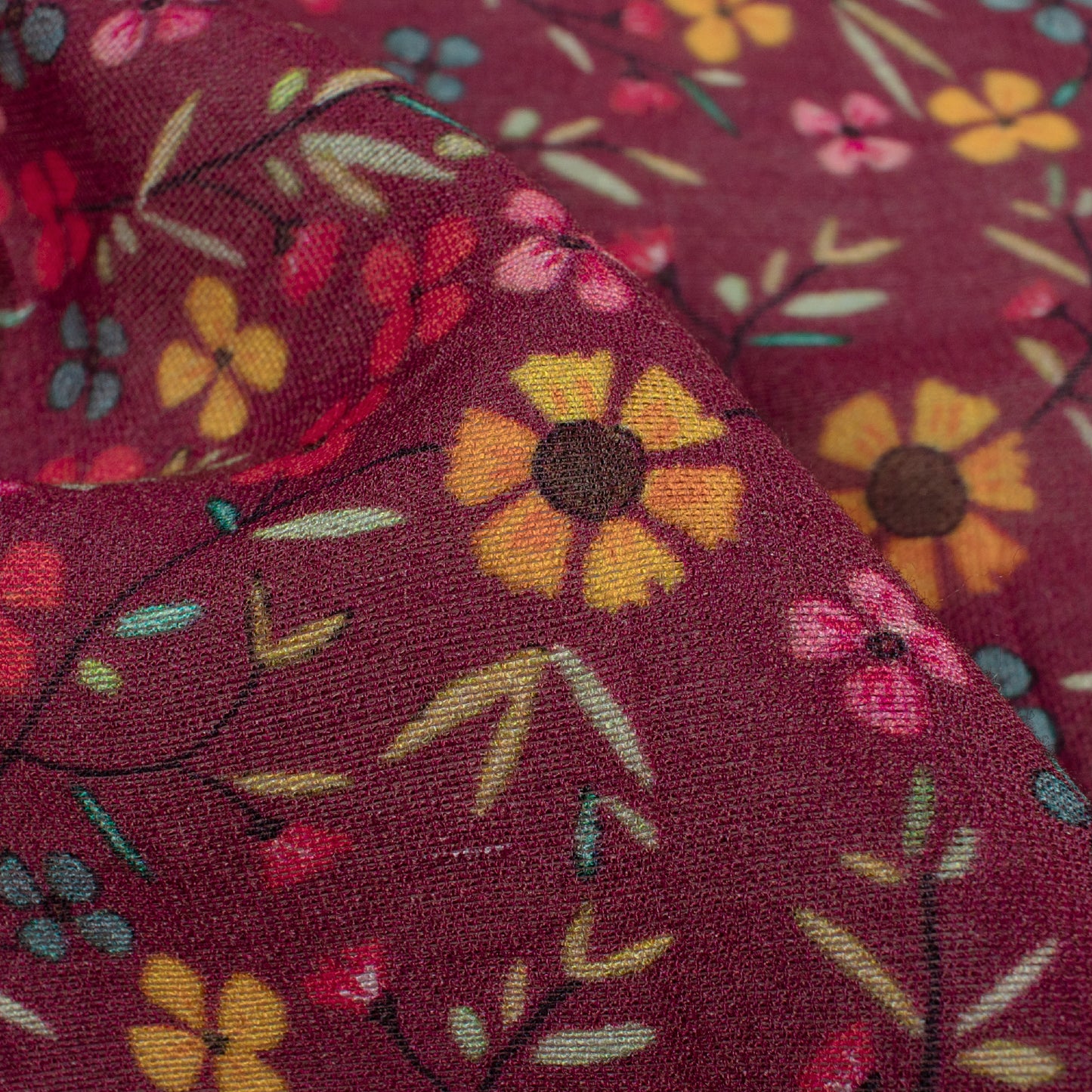 Maroon And Sangria Red Floral Pattern Digital Print Viscose Chanderi Fabric