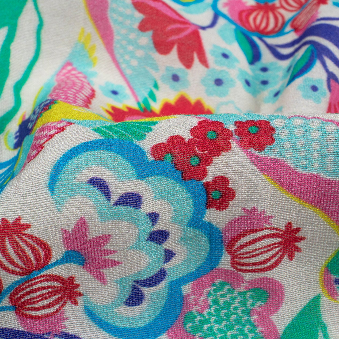 Jungle Green And Taffy Pink Bird Pattern Digital Print Viscose Chanderi Fabric