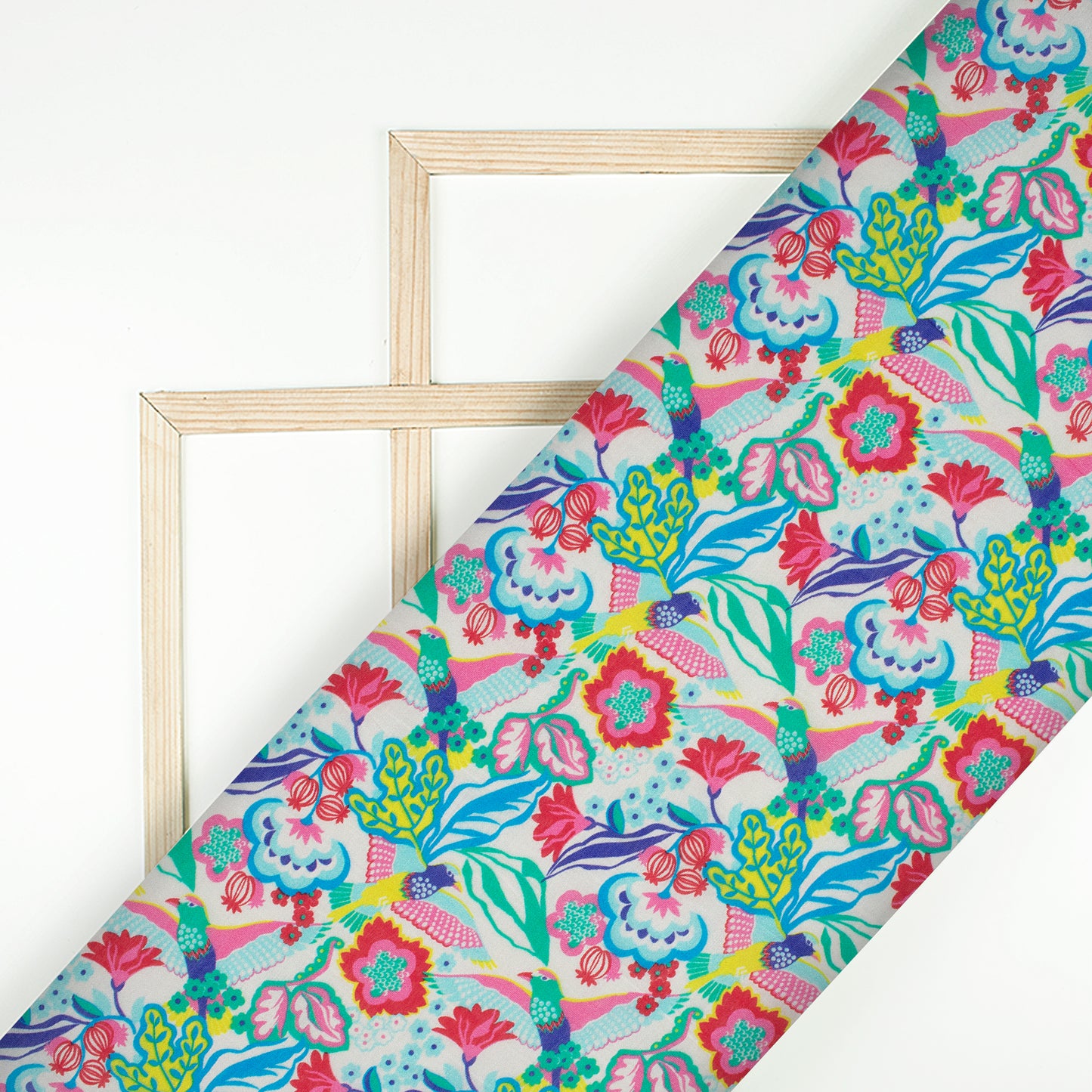 Jungle Green And Taffy Pink Bird Pattern Digital Print Viscose Chanderi Fabric