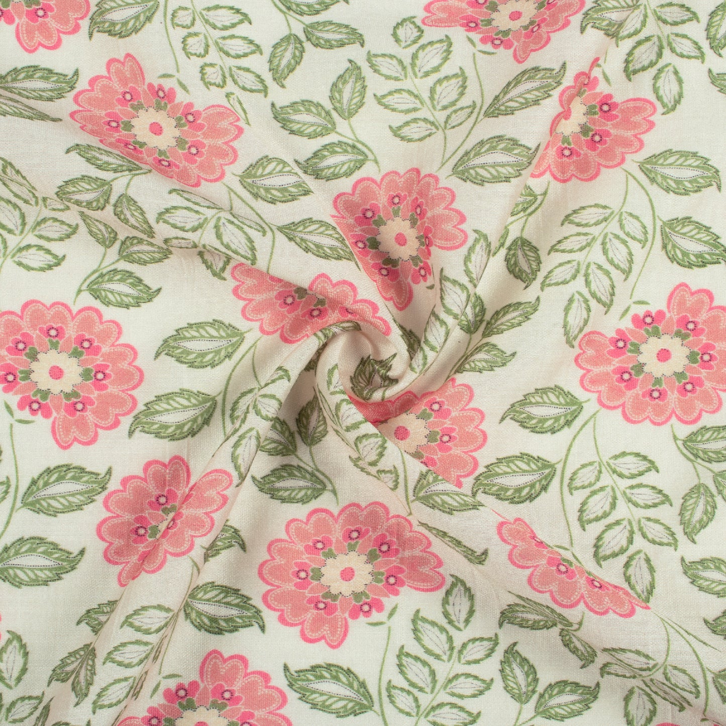Pale Green And Taffy Pink Floral Pattern Digital Print Viscose Chanderi Fabric