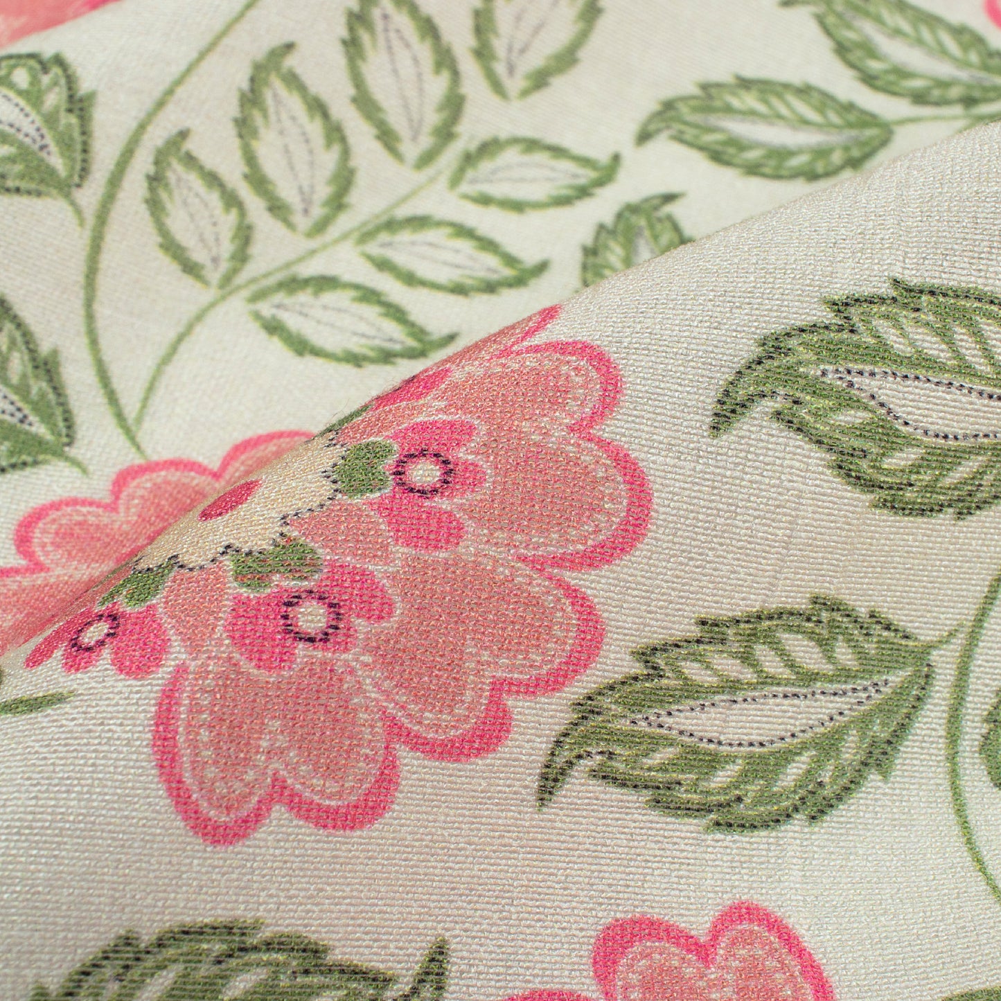 Pale Green And Taffy Pink Floral Pattern Digital Print Viscose Chanderi Fabric