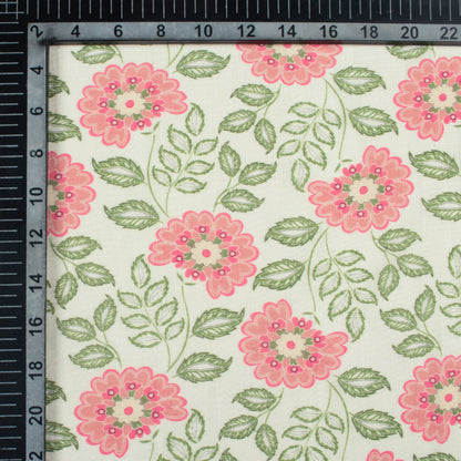 Pale Green And Taffy Pink Floral Pattern Digital Print Viscose Chanderi Fabric