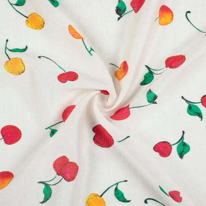 White And Red Quirky Pattern Digital Print Viscose Chanderi Fabric