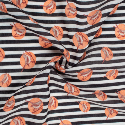 Black And Peach Bird Pattern Digital Print Viscose Chanderi Fabric