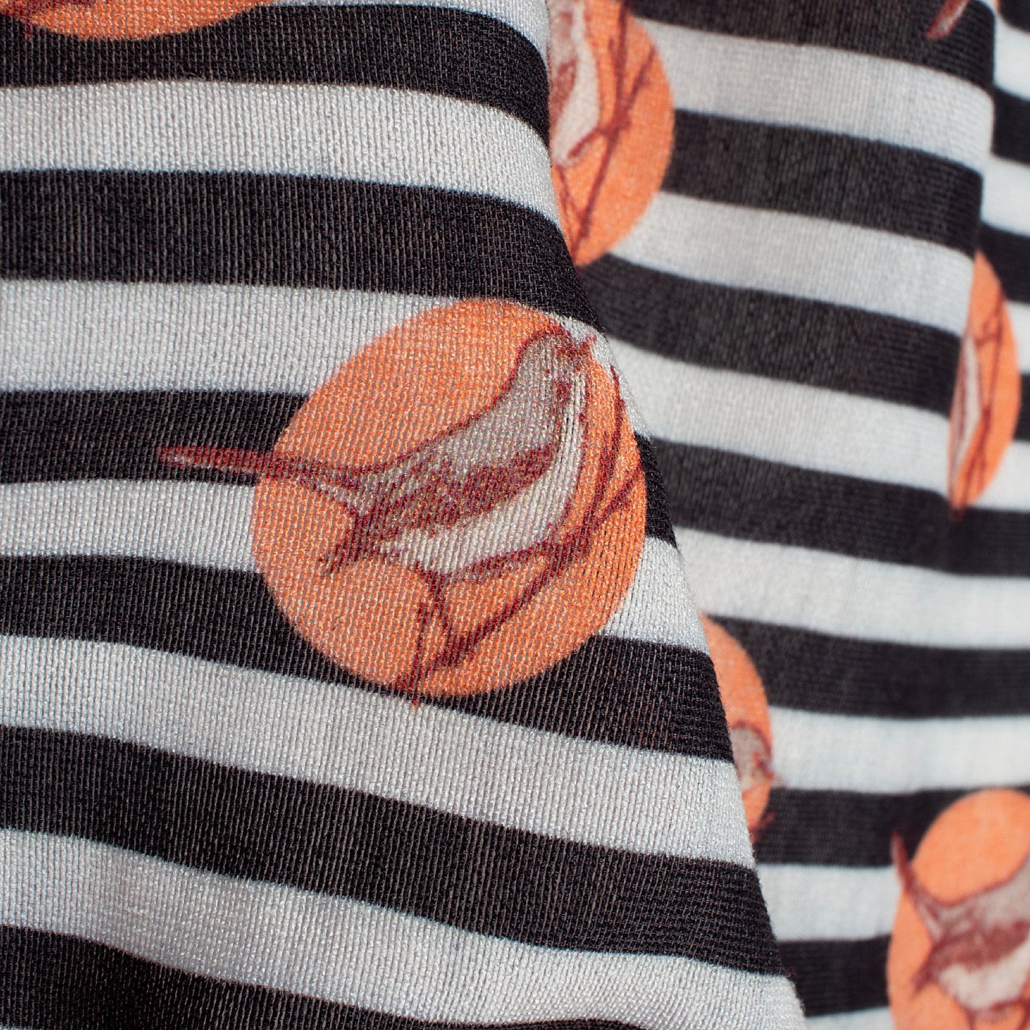 Black And Peach Bird Pattern Digital Print Viscose Chanderi Fabric