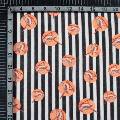 Black And Peach Bird Pattern Digital Print Viscose Chanderi Fabric