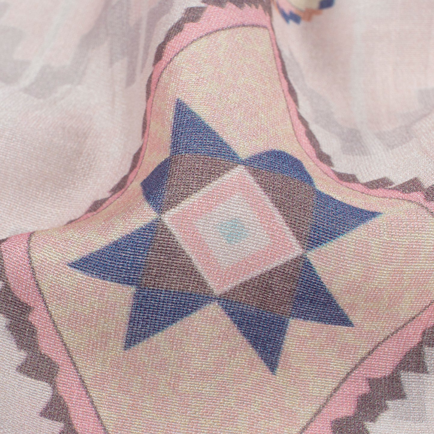 Blush Pink And Steel Blue Traditonal Pattern Digital Print Viscose Chanderi Fabric