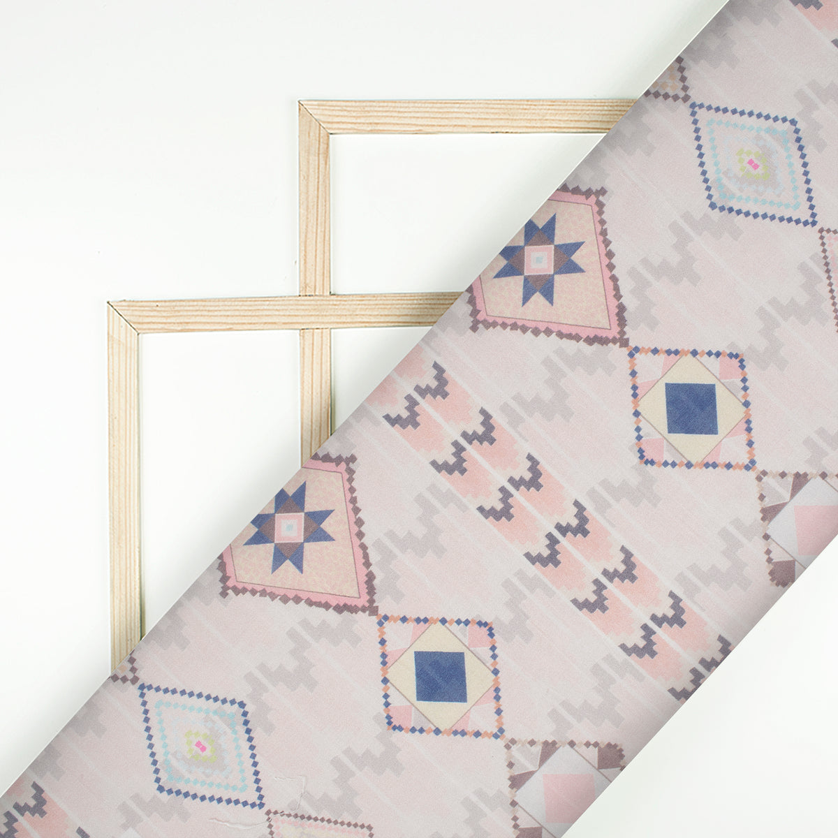 Blush Pink And Steel Blue Traditonal Pattern Digital Print Viscose Chanderi Fabric