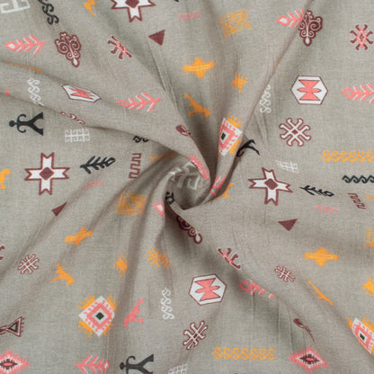 Sage Grey And Coral Pink Quirky Pattern Digital Print Viscose Chanderi Fabric