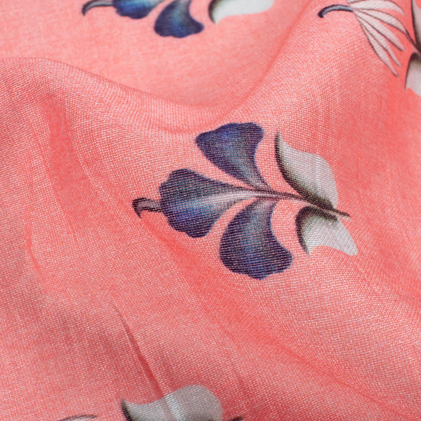 Coral Pink And Navy Blue Floral Pattern Digital Print Viscose Chanderi Fabric