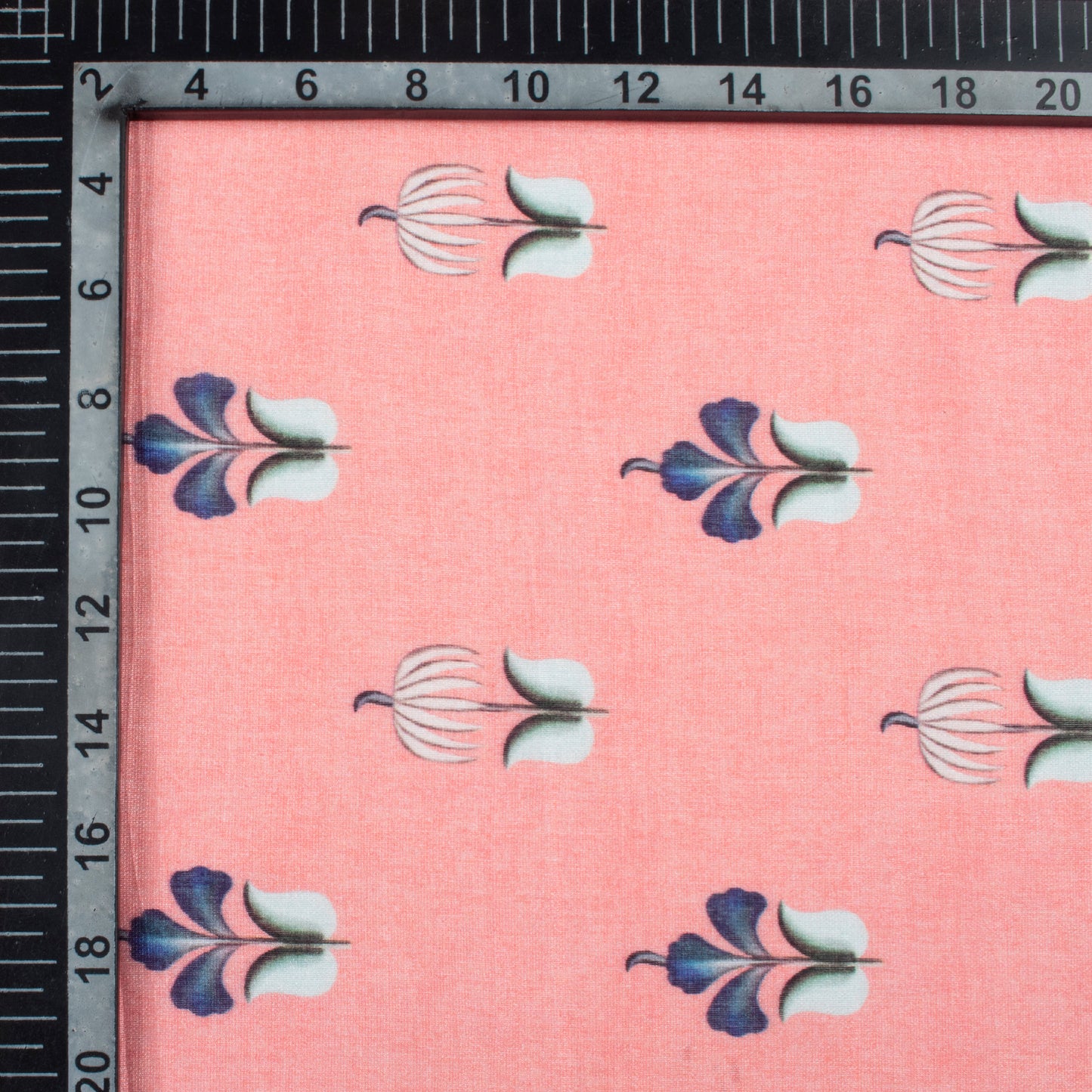 Coral Pink And Navy Blue Floral Pattern Digital Print Viscose Chanderi Fabric
